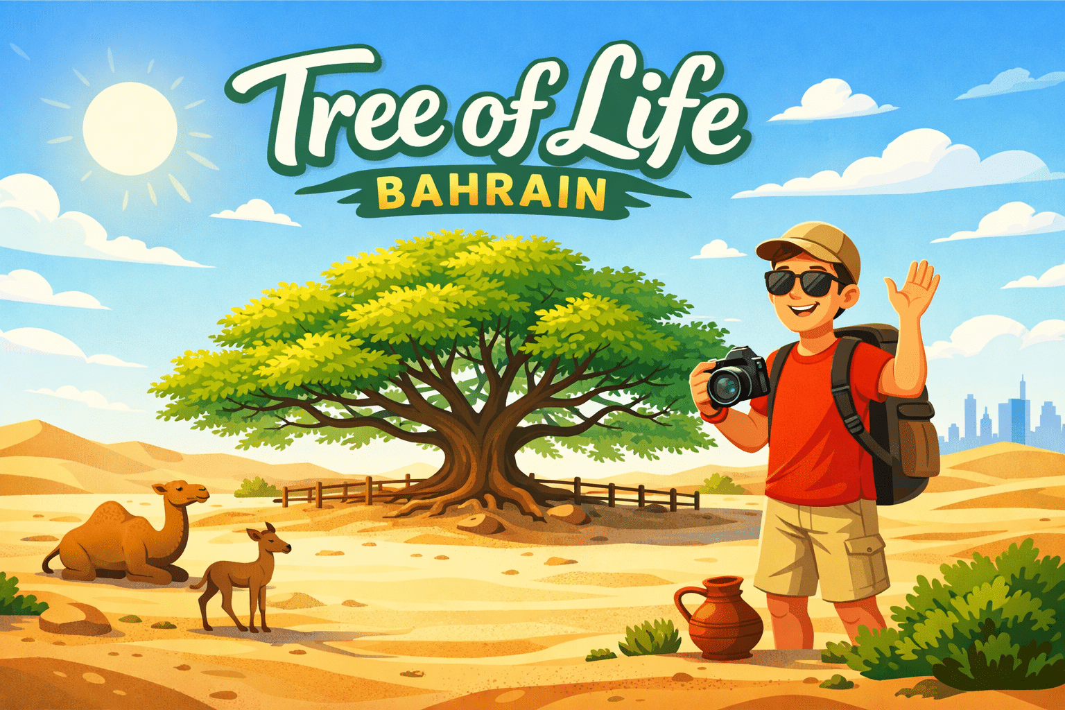 Tree of Life Bahrain desert landmark with tourist illustration and iconic lone tree in Arabian desert