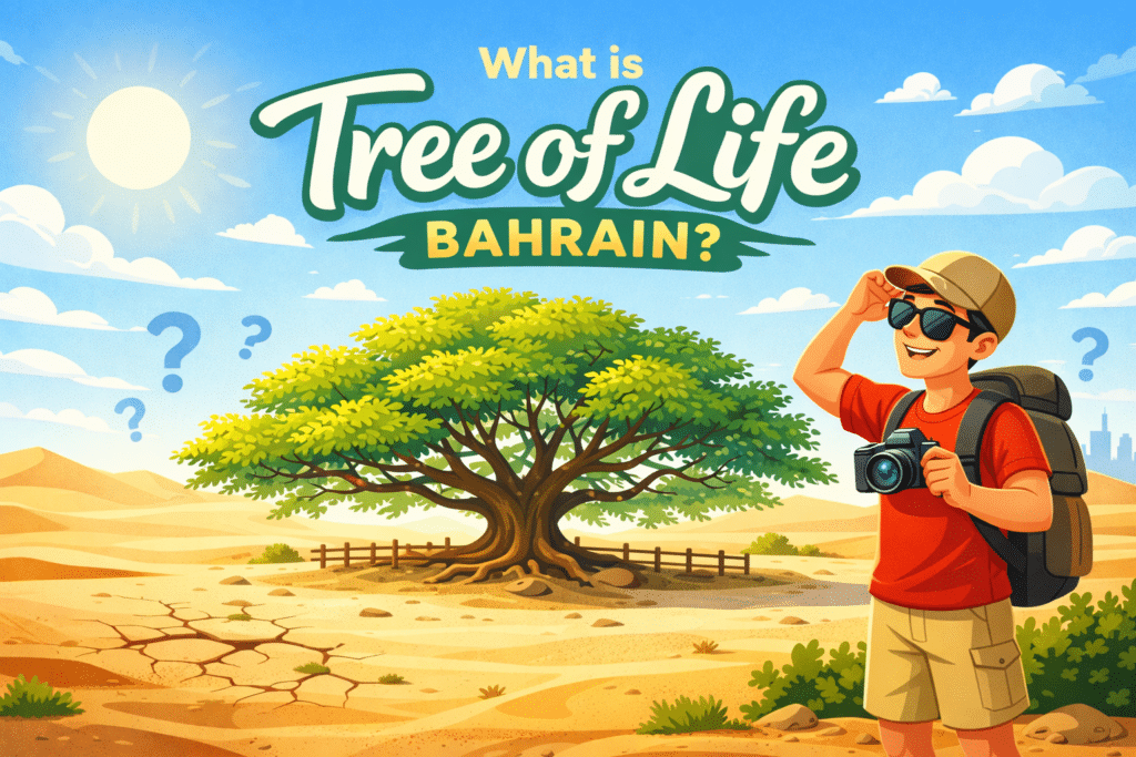 Tree of Life Bahrain desert ghaf tree with animated tourist illustration in Sakhir Bahrain