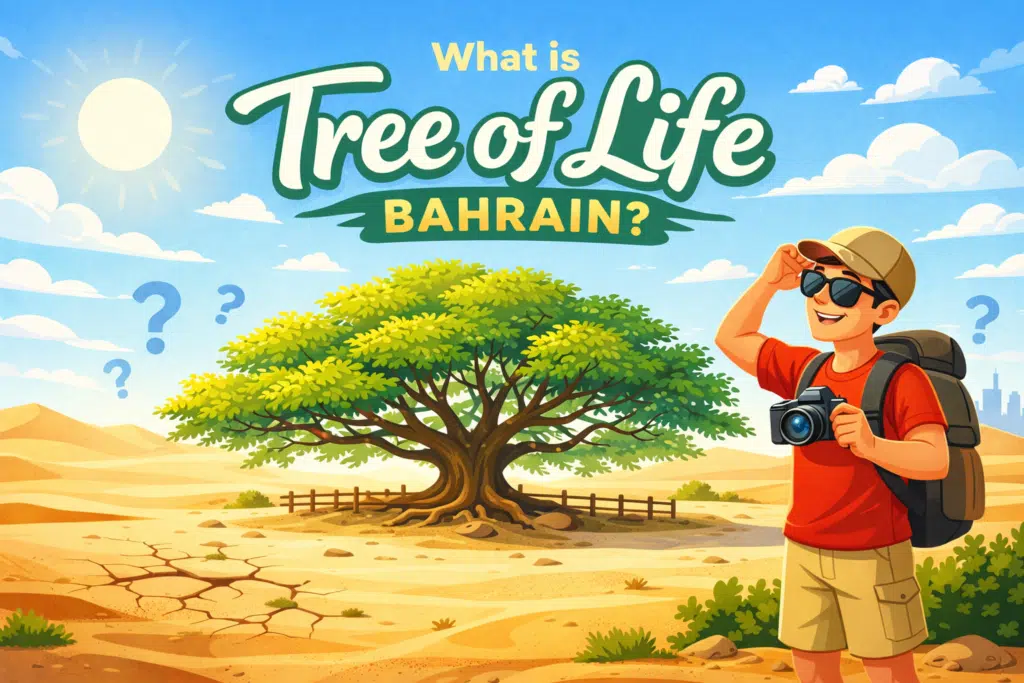 Tree of Life Bahrain desert ghaf tree with animated tourist illustration in Sakhir Bahrain