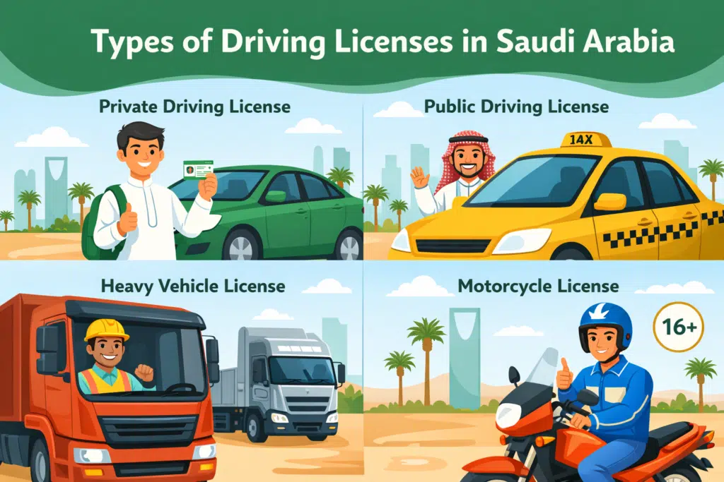 types of driving licenses in Saudi Arabia including private, public, heavy vehicle and motorcycle license illustration