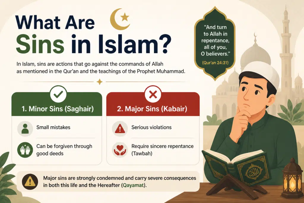 what are sins in islam infographic showing minor sins (saghair) and major sins (kabair) with repentance concept and quran guidance
