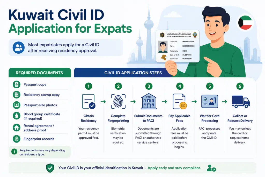 Kuwait Civil ID application process for expats showing PACI application steps, fingerprint verification, residency approval, and document submission