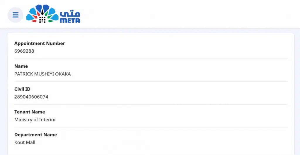 META Kuwait PACI appointment details dashboard showing civil ID, appointment number, and ministry department information
