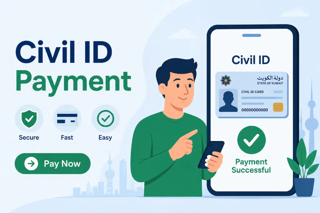 Civil ID payment online illustration showing a user making secure Kuwait Civil ID card payment through mobile phone with fast and easy payment process.