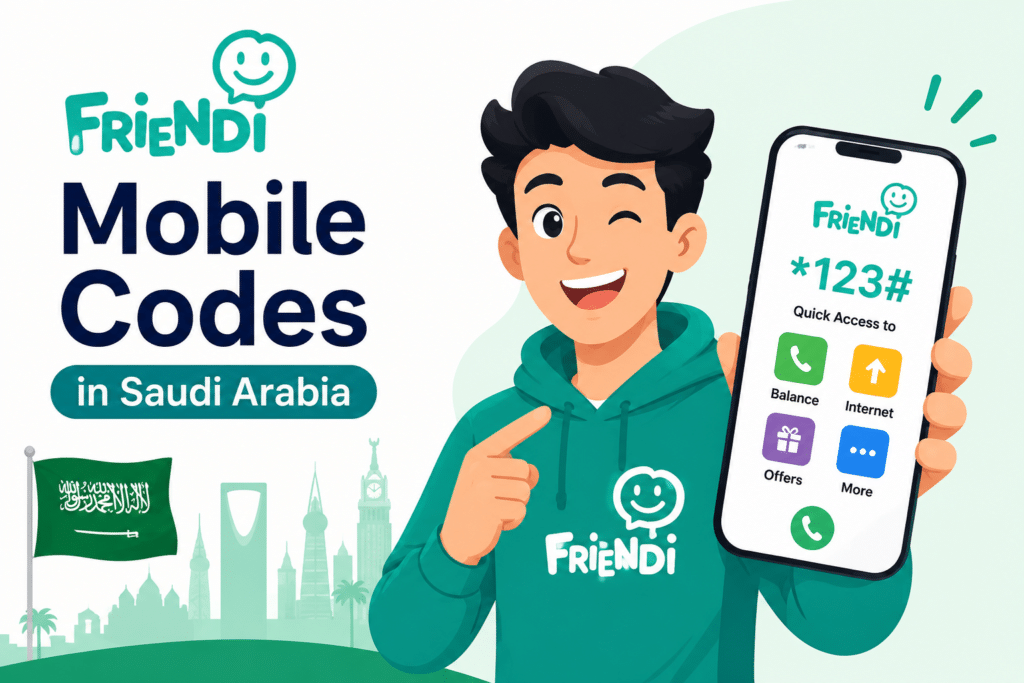 Animated feature image showing FRiENDi Mobile codes in Saudi Arabia with a smiling character holding a smartphone displaying USSD codes for balance check, internet offers, and mobile services.