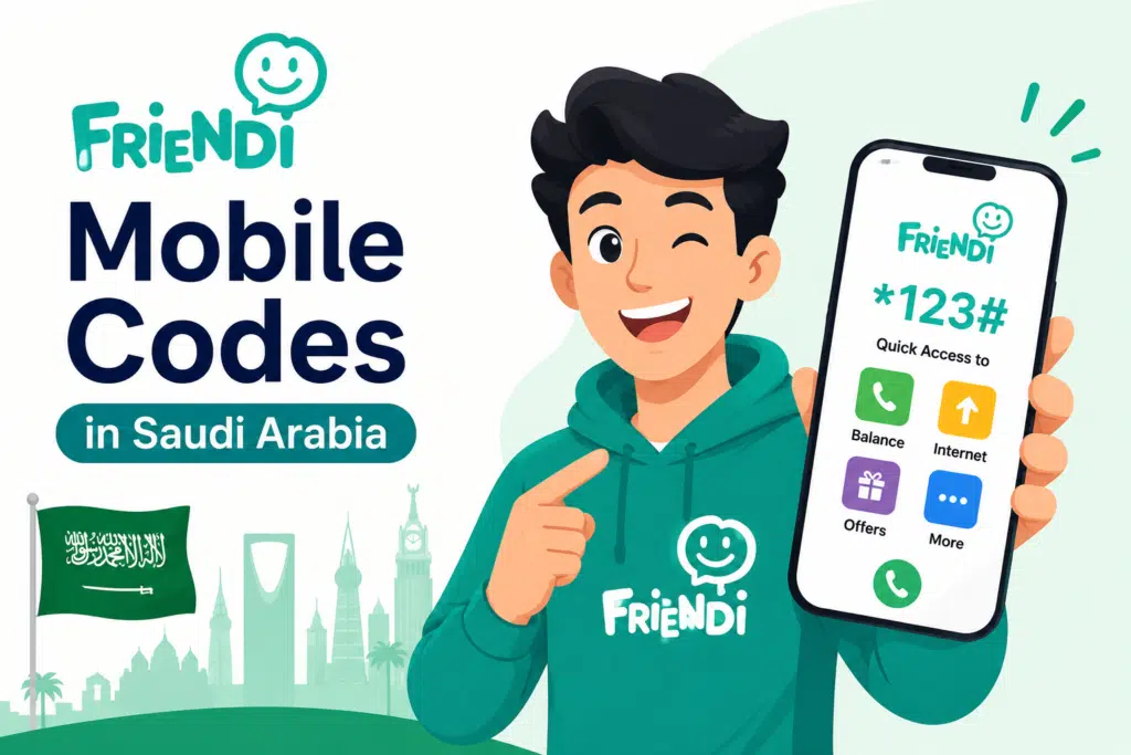 Animated feature image showing FRiENDi Mobile codes in Saudi Arabia with a smiling character holding a smartphone displaying USSD codes for balance check, internet offers, and mobile services.