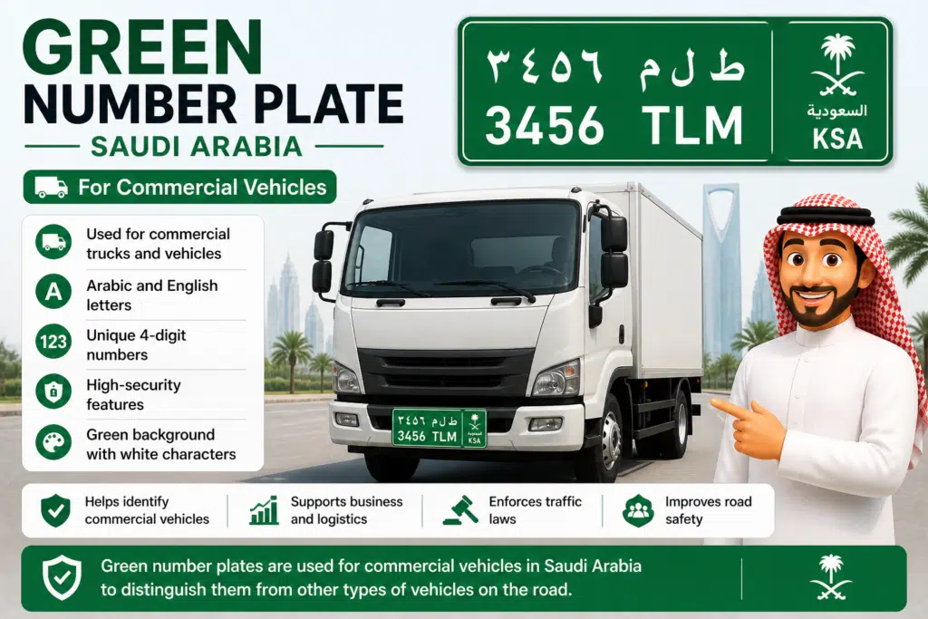 Green number plate Saudi Arabia commercial vehicle truck license plate with Arabic English letters example