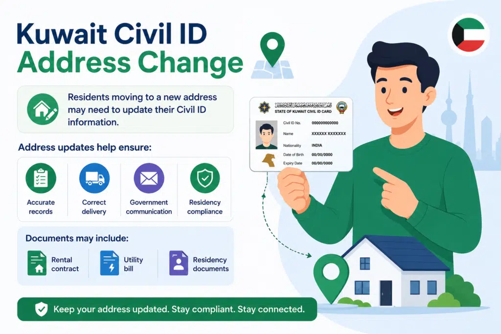 Kuwait Civil ID address change process showing an expatriate updating PACI address information with rental contract and residency documents