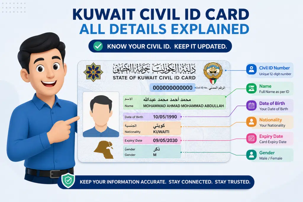 Kuwait Civil ID card with highlighted name field and personal details, animated person checking Civil ID information online in a simple 3:2 design