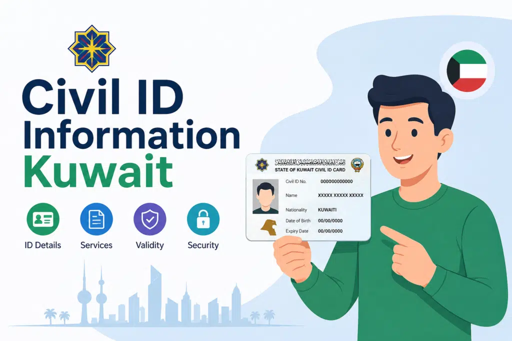 Civil ID Information Kuwait feature image showing an animated man holding a Kuwait Civil ID card with identity, validity, and security service icons