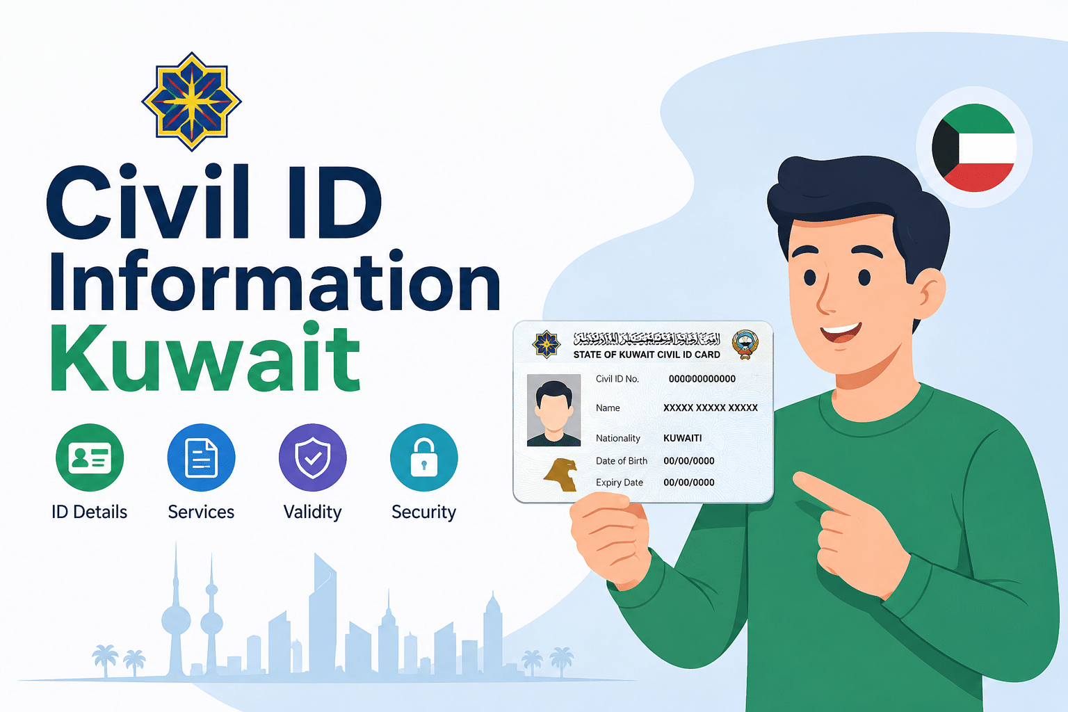 Civil ID Information Kuwait feature image showing an animated man holding a Kuwait Civil ID card with identity, validity, and security service icons