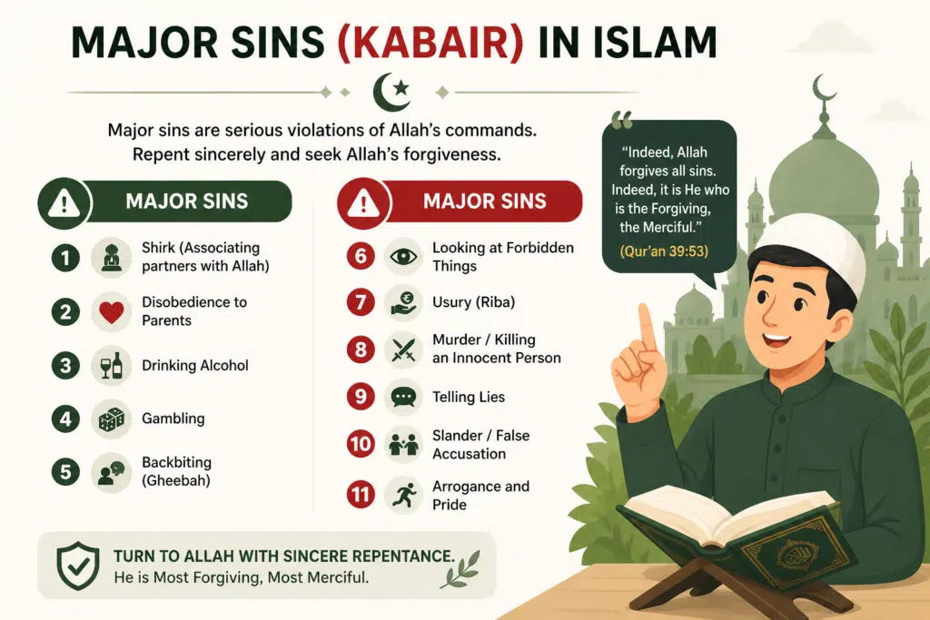 major sins in islam list infographic showing shirk, murder, theft, zina, alcohol, riba and other kabair with islamic illustration