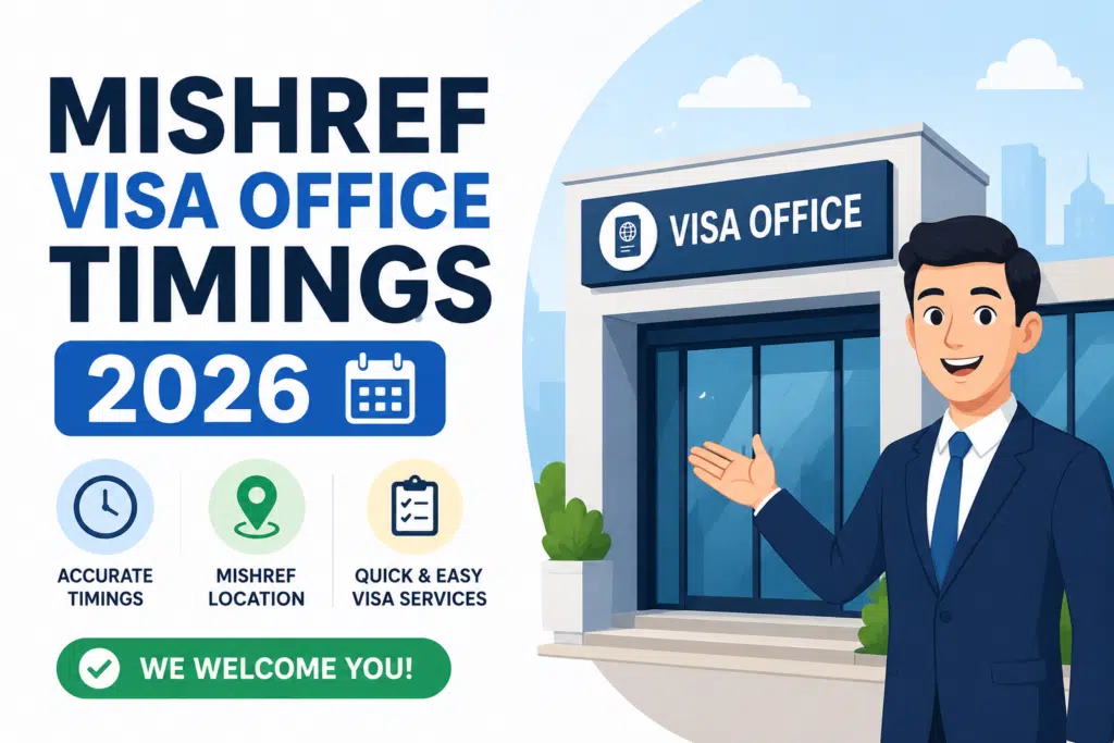 Animated feature image showing the Mishref Visa Office timings for 2026 with a professional character, office building background, clock icon, and informative Kuwait visa service theme in a clean 3:2 layout.