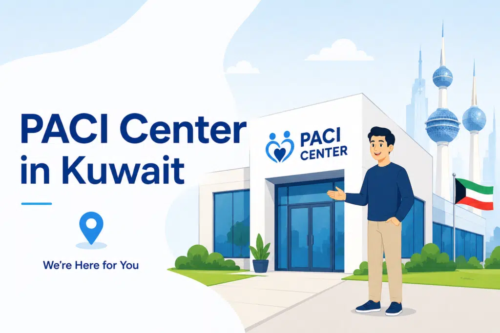 Animated feature image of a man standing near the PACI Center building in Kuwait with Kuwait Towers in the background, representing Civil ID and government services in Kuwait.