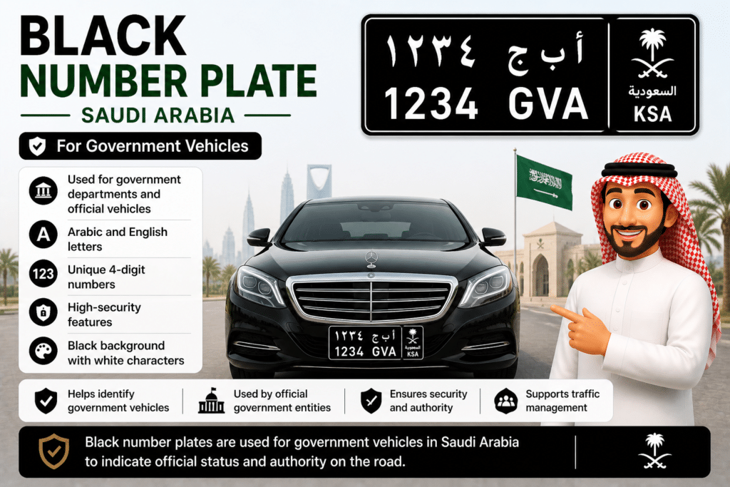 Black number plate Saudi Arabia government vehicle license plate with Arabic English letters official car example