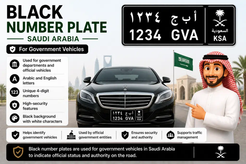 Black number plate Saudi Arabia government vehicle license plate with Arabic English letters official car example