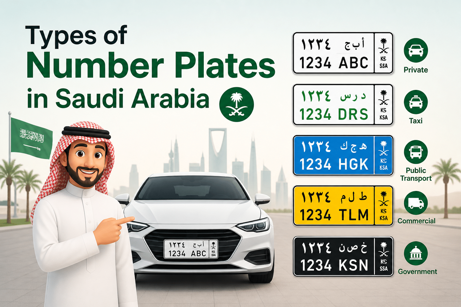 Types of number plates in Saudi Arabia with colors white, yellow, blue, green and black explained with car and icons