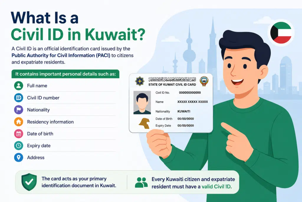 What Is a Civil ID in Kuwait image showing an animated resident holding a Kuwait Civil ID card with personal information and PACI identity details
