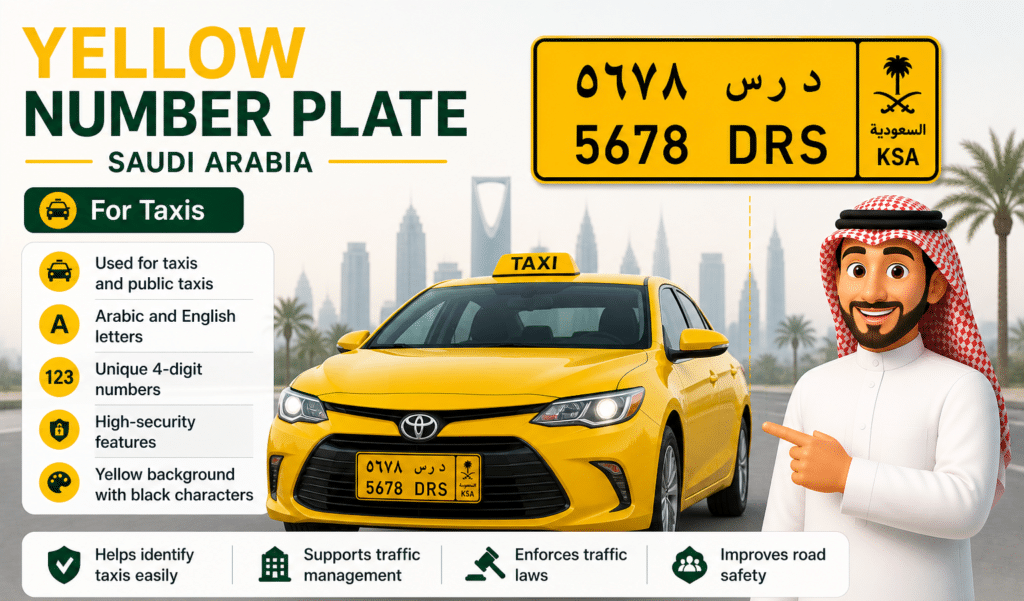 Yellow number plate Saudi Arabia for taxis with Arabic English letters taxi car license plate example