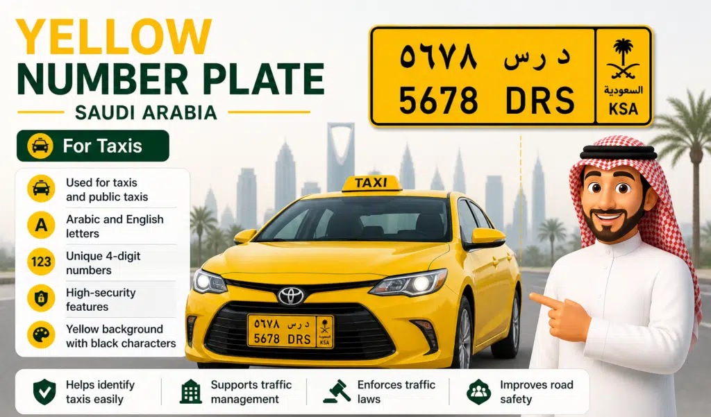 Yellow number plate Saudi Arabia for taxis with Arabic English letters taxi car license plate example