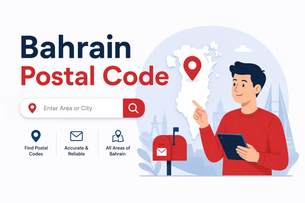 Bahrain Postal Code finder illustration with animated person using a tablet, Bahrain map location pin, and postal search interface.