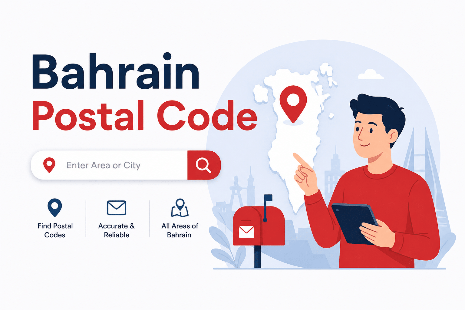 Bahrain Postal Code finder illustration with animated person using a tablet, Bahrain map location pin, and postal search interface.