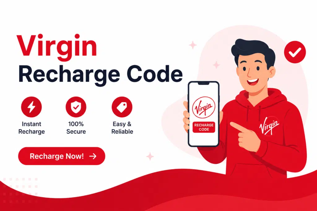 Virgin Recharge Code illustration showing an animated person holding a smartphone with Virgin Mobile recharge code displayed for quick mobile balance top-up and account recharge.