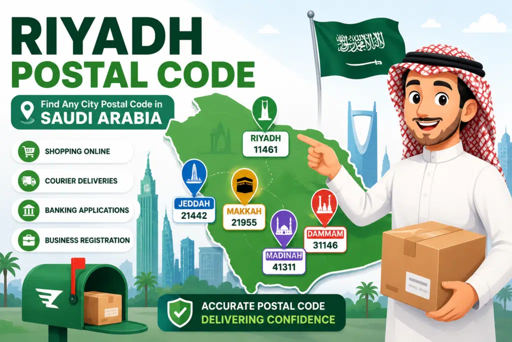 Animated person showing major Saudi Arabia city postal codes including Riyadh, Jeddah, Makkah, Madinah, and Dammam with location markers and address information.