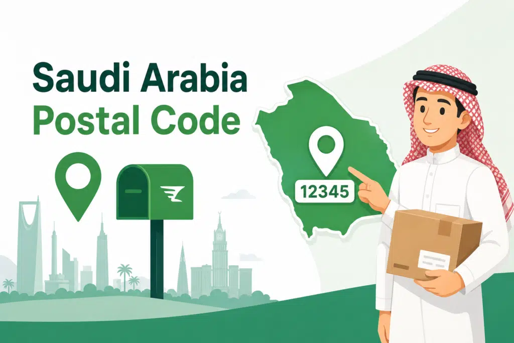 Animated Saudi man holding a package and pointing to a Saudi Arabia map with postal code information, illustrating Saudi Arabia postal code lookup and address identification.