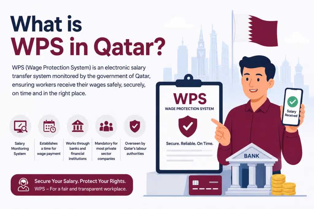 Animated illustration explaining Qatar Wage Protection System (WPS), showing a worker receiving salary on a mobile phone, approved bank, WPS security shield, and Qatar flag representing secure and timely salary payments in Qatar.
