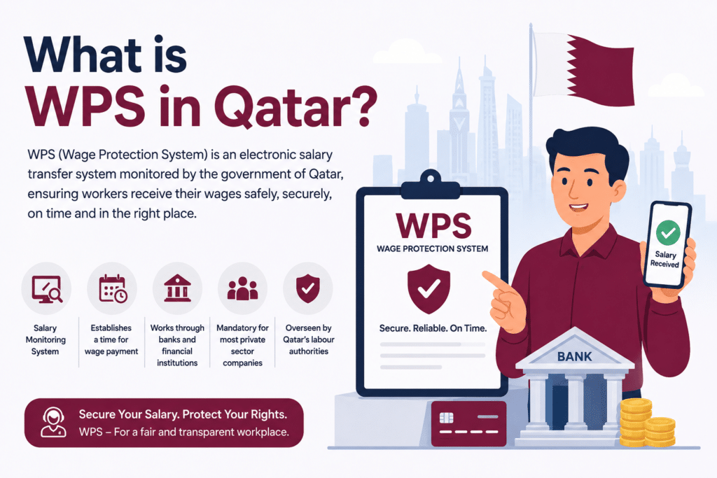 Animated illustration explaining Qatar Wage Protection System (WPS), showing a worker receiving salary through a bank with secure wage transfer, salary monitoring, and government-regulated payroll system in Qatar.