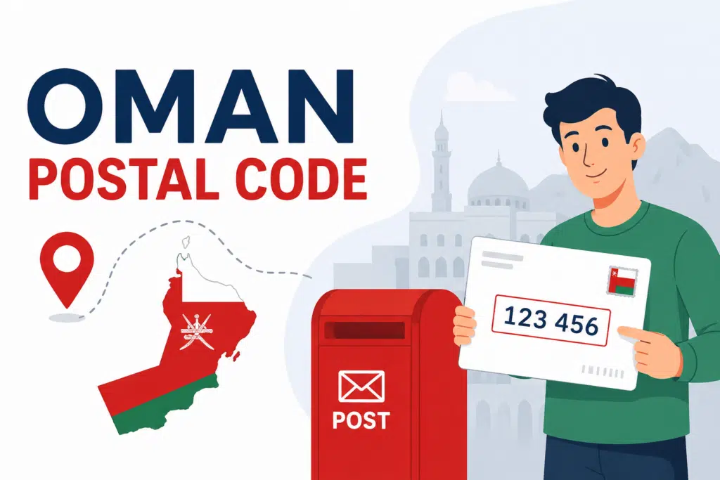 Oman Postal Code guide illustration with an animated person holding a mail envelope, Oman map, and postal box.