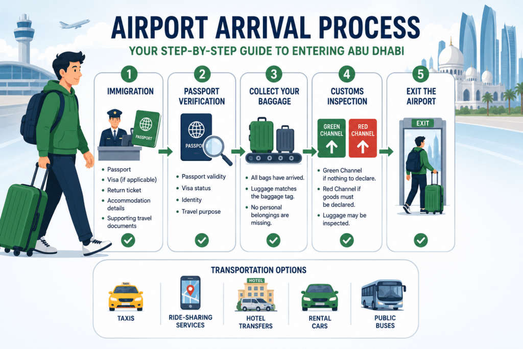 Abu Dhabi airport arrival process infographic showing immigration, passport verification, baggage claim, customs inspection, and airport exit steps