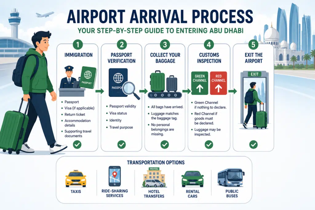 Abu Dhabi airport arrival process infographic showing immigration, passport verification, baggage claim, customs inspection, and airport exit steps