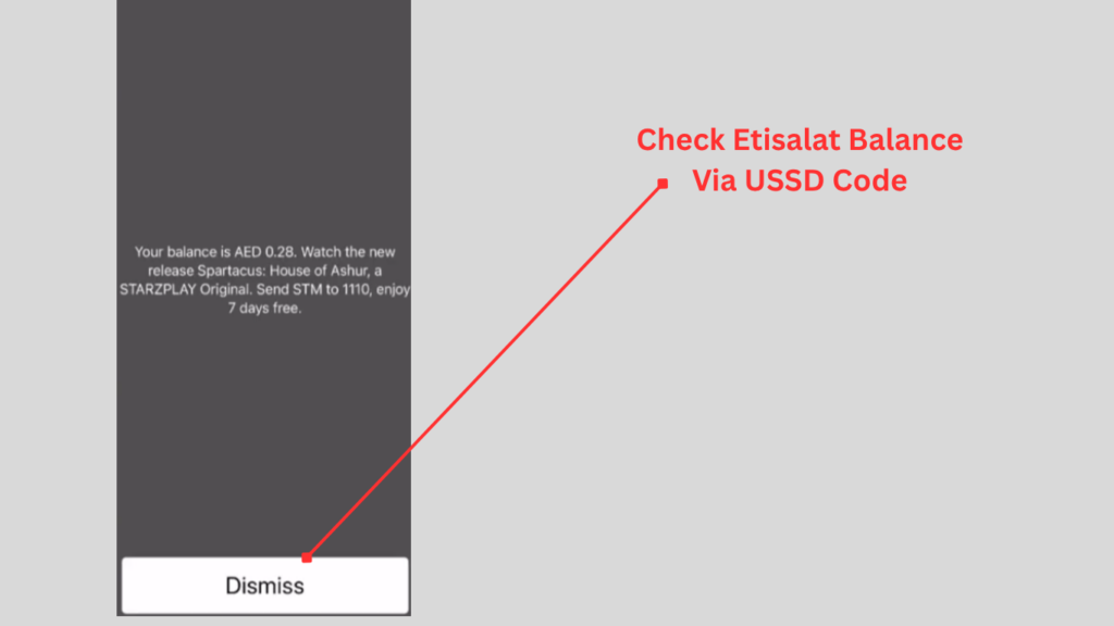 Etisalat balance inquiry using the USSD code showing the remaining prepaid balance on the carrier information screen.
