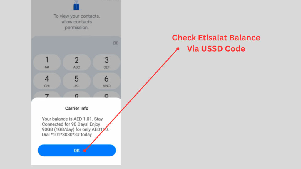 The result of Etisalat balance checking shows up on a phone's screen after dialing the USSD code in the United Arab Emirates (UAE).
