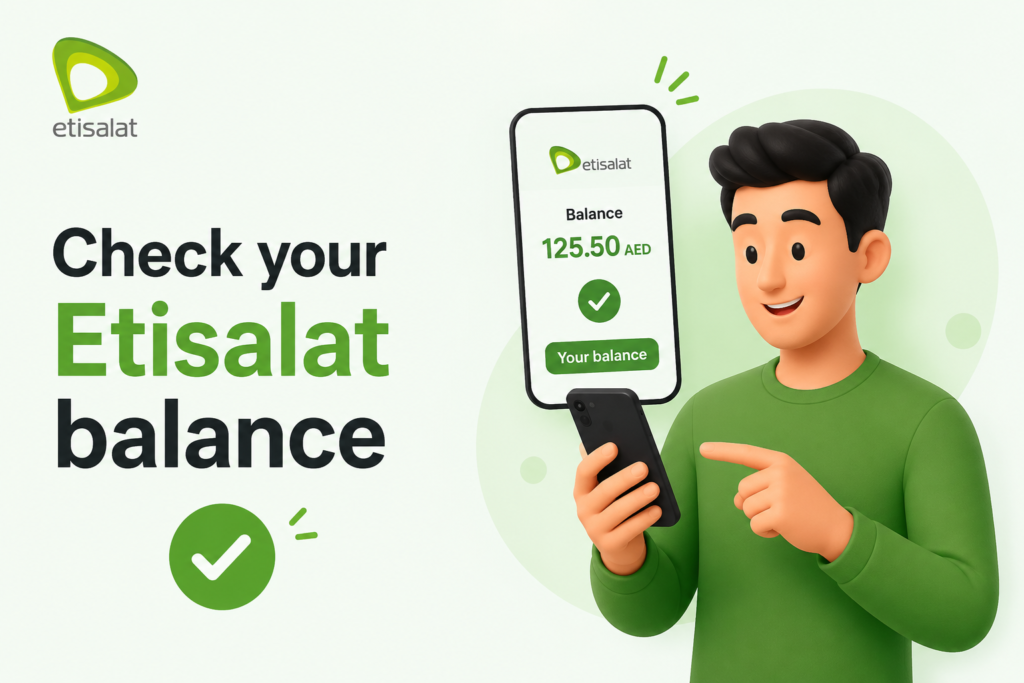 Check your Etisalat balance on a smartphone with an animated person using the Etisalat mobile app in the UAE.