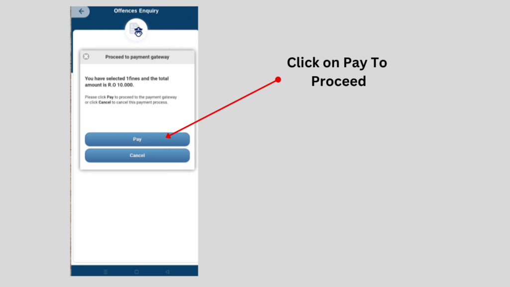 Confirm Oman traffic fine payment by clicking the Pay button in the ROP app