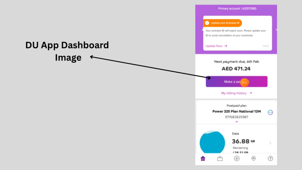 Du app dashboard with Make a Payment option for Du Quick Pay bill payments.