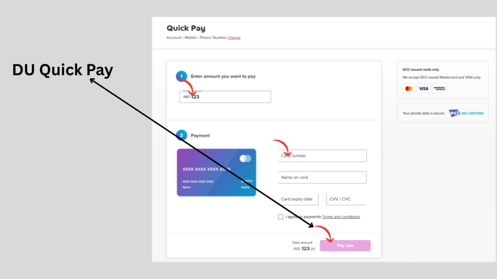 Showcase the Du Quick Pay option on the website, highlighting it for bill-paying online.