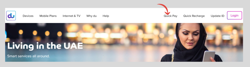 Du Quick Pay page for paying Du bills online without logging into an account.
