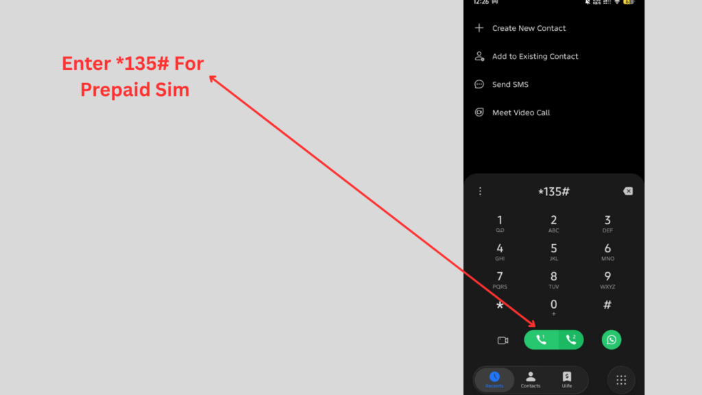 Call *135# using a Du prepaid SIM for balance and payment functions/using Du Quick Pay services.