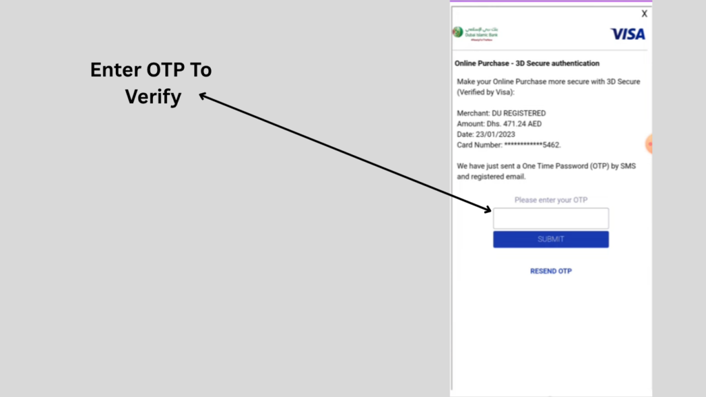 Du Quick Pay OTP verification page for secure online payment authentication.