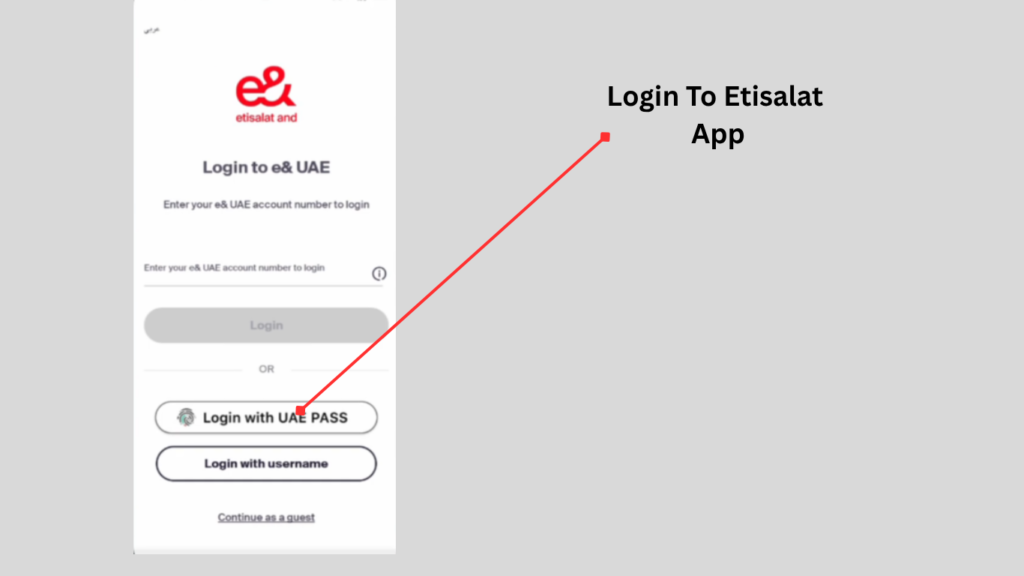 Login screen of the e& UAE app to check Etisalat balance and manage your mobile account.
