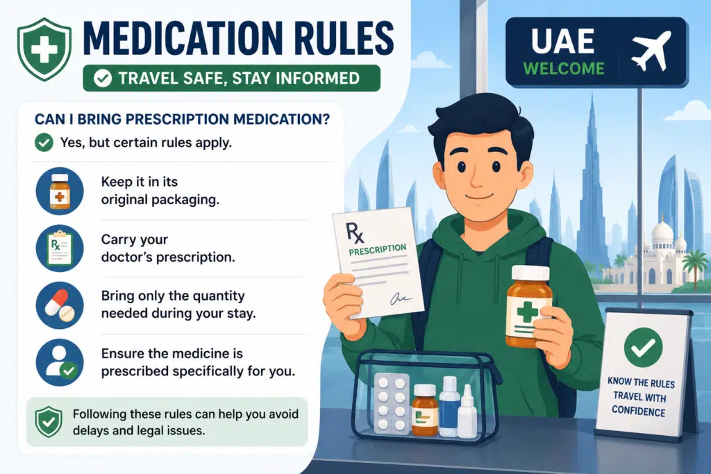 Medication rules for entering Abu Dhabi showing an animated traveler with prescription medicine, doctor's prescription, and UAE travel guidelines