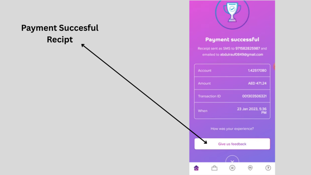 Du Quick Pay payment successful receipt showing completed bill payment confirmation and transaction details.