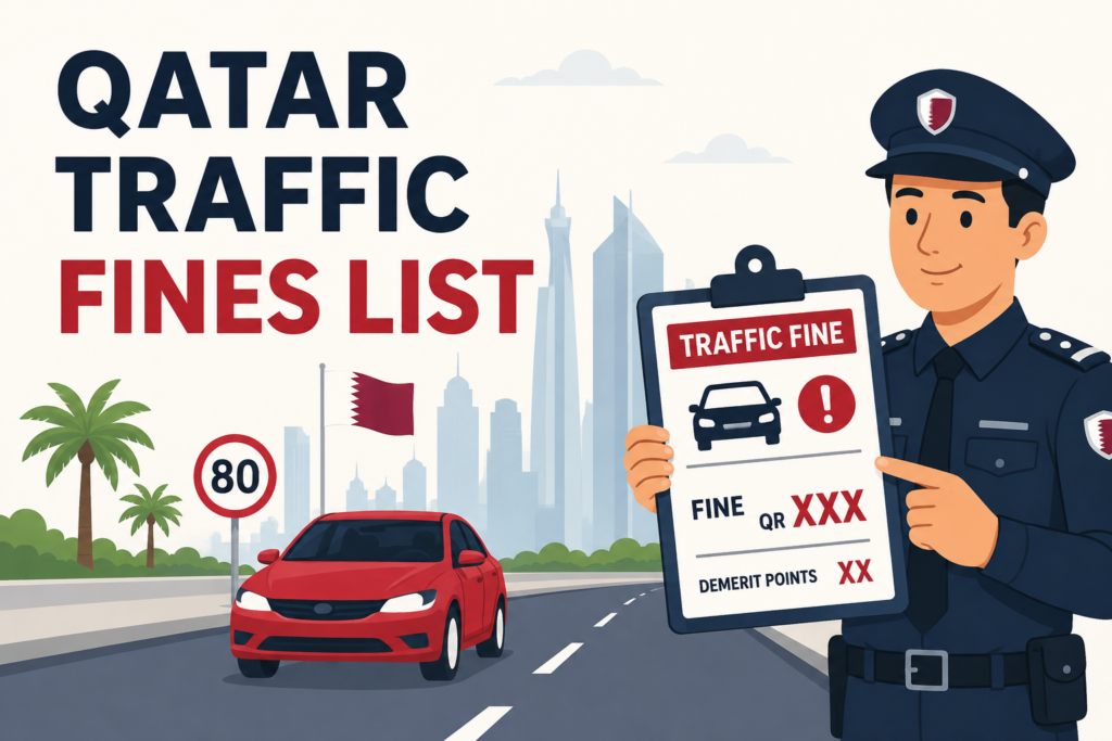 Qatar Traffic Fines List 2026 featuring a traffic police officer, speed limit sign, car, and Qatar skyline illustrating traffic rules and driving penalties.