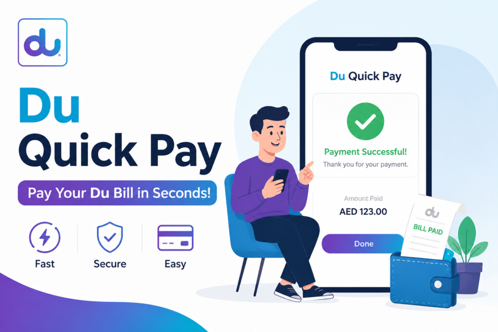 Du Quick Pay feature image showing an animated user making a secure online Du bill payment with instant payment confirmation.