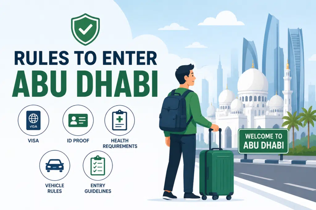 Make a feature image for the blog " Rules to Enter Abu Dhabi " Make this image as it urges the users to come and make it perfect for users, and make it perfect for SEO, and well informative for users. Make it simple and have an animated person, no need to write more. Image size should be 3:2. MAke it more simple .
