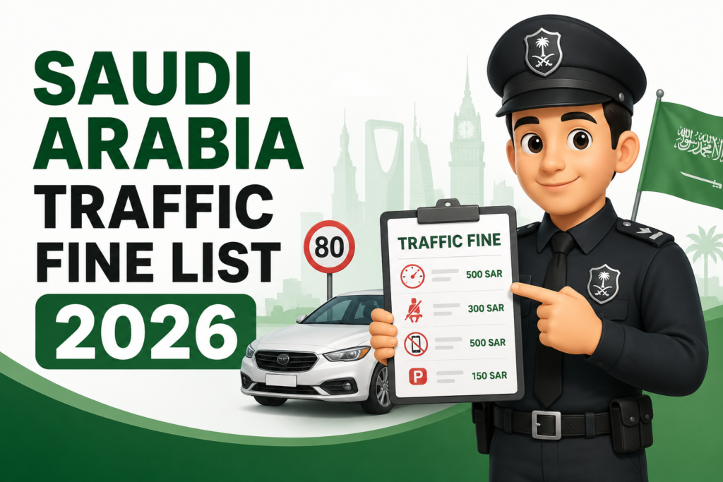 Saudi Arabia Traffic Fine List 2026 cover image featuring an animated traffic police officer, a car, speed limit sign, and Saudi flag.